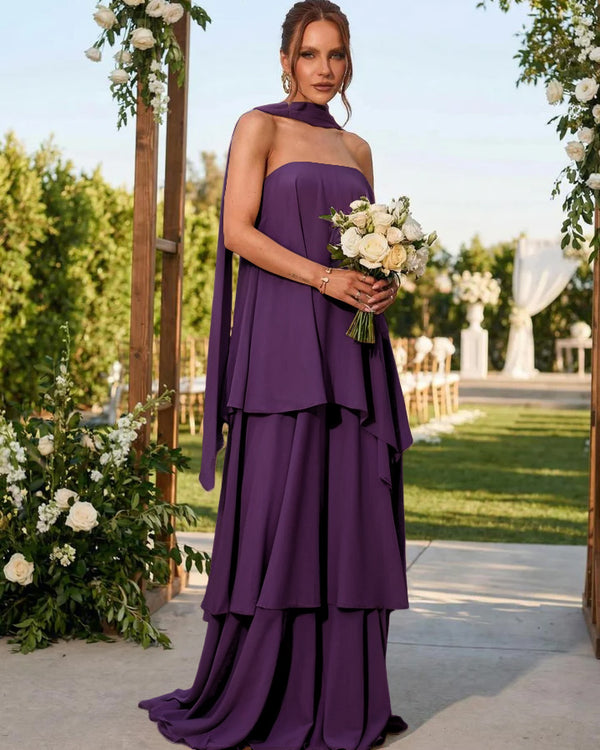 Chiffon Strapless Long Bridesmaid Dresses with Scarf