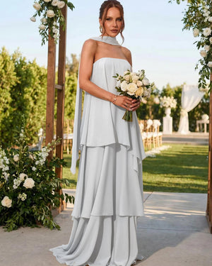 Chiffon Strapless Long Bridesmaid Dresses with Scarf