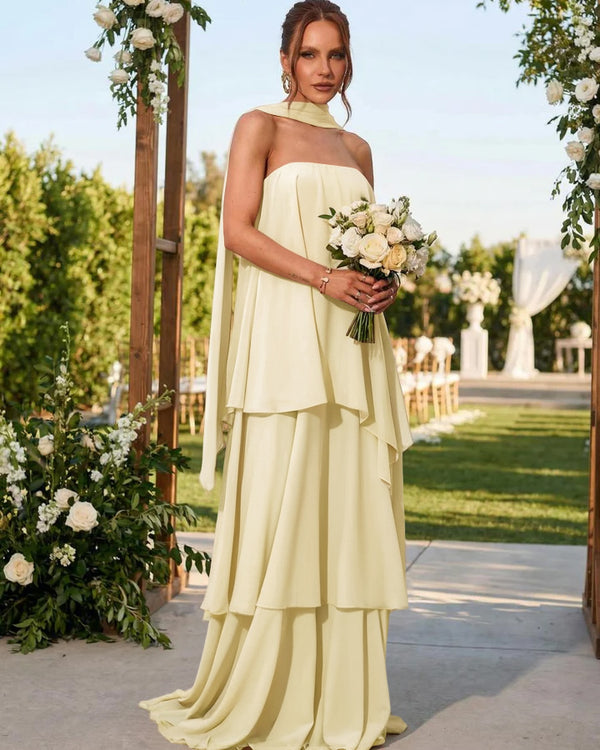 Chiffon Strapless Long Bridesmaid Dresses with Scarf
