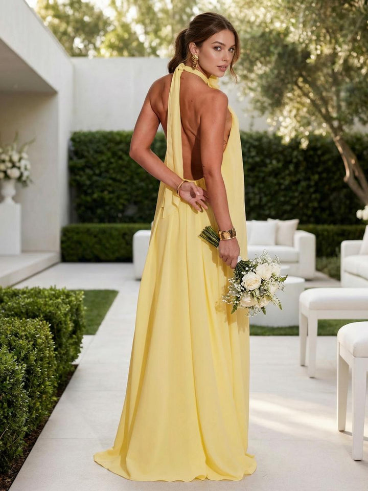 Chiffon Halter Long Backless Formal Dresses