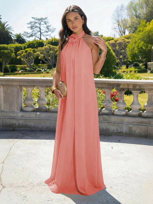 Chiffon Halter Long Backless Bridesmaid Dresses