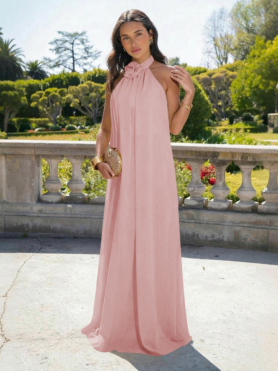 Chiffon Halter Long Backless Formal Dresses