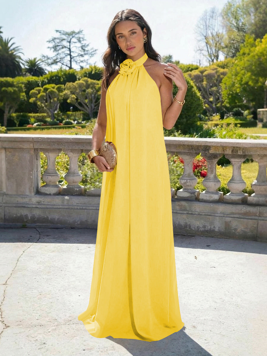 Chiffon Halter Long Backless Formal Dresses