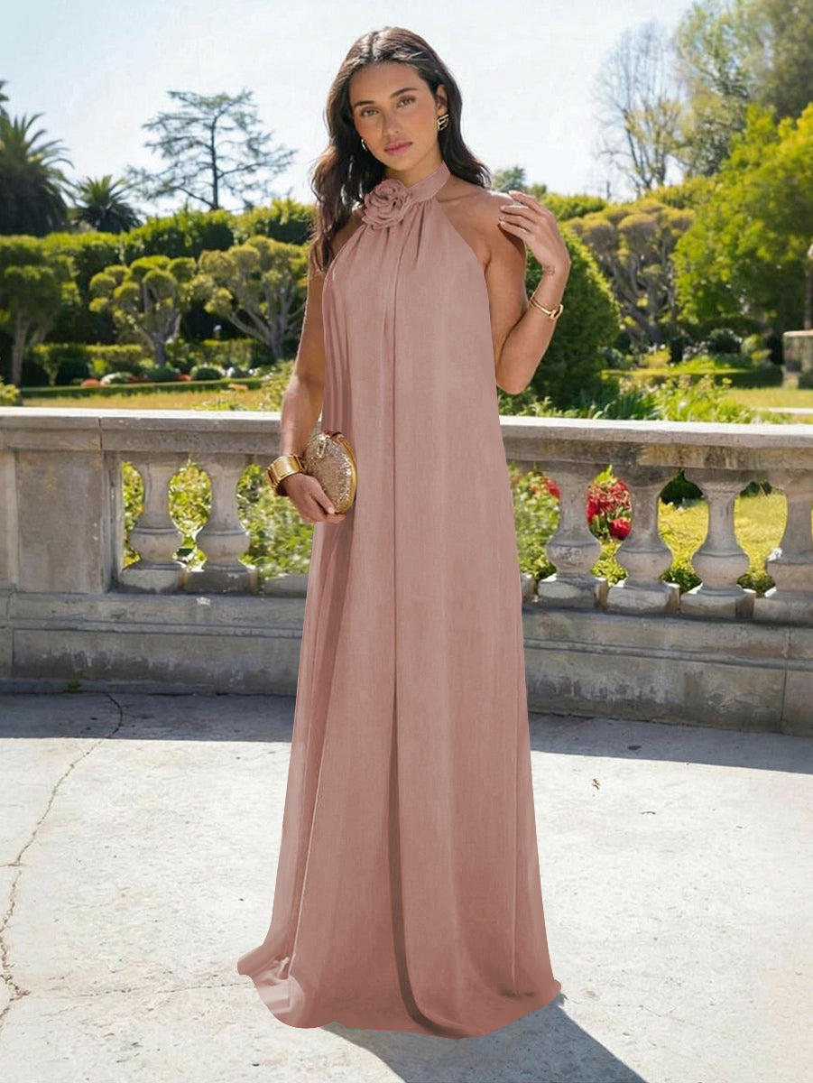 Chiffon Halter Long Backless Formal Dresses