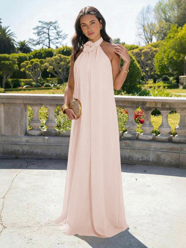 Chiffon Halter Long Backless Bridesmaid Dresses
