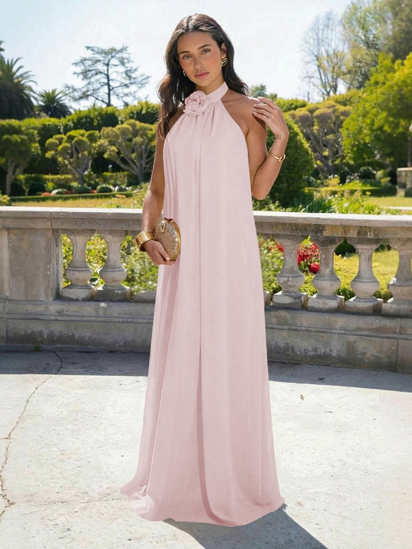 Chiffon Halter Long Backless Bridesmaid Dresses