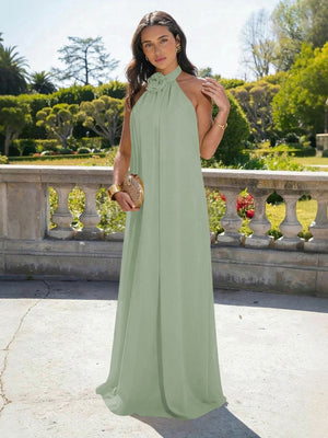 Chiffon Halter Long Backless Bridesmaid Dresses