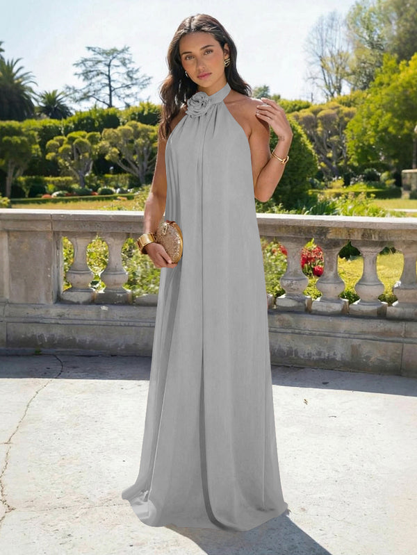 Chiffon Halter Long Backless Bridesmaid Dresses