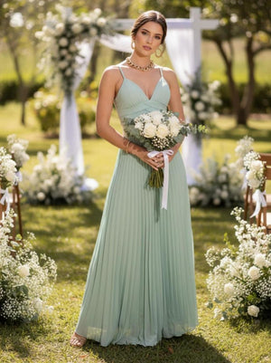 Spaghetti Straps Chiffon Pleated Maxi Bridesmaid Dresses