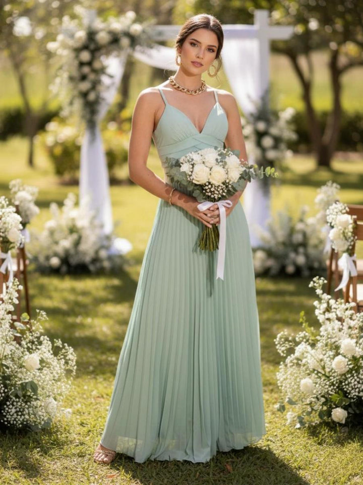Spaghetti Straps Chiffon Pleated Maxi Bridesmaid Dresses
