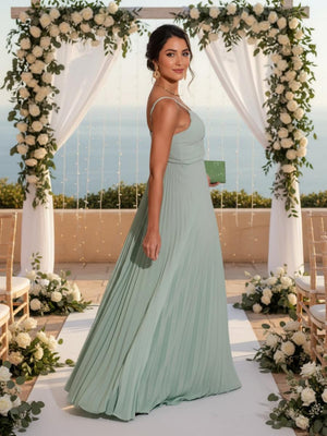 Spaghetti Straps Chiffon Pleated Maxi Bridesmaid Dresses