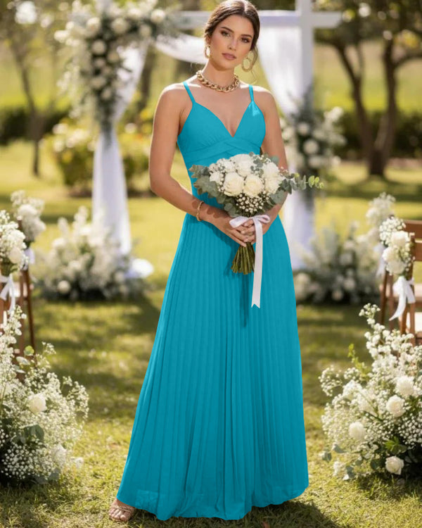 Spaghetti Straps Chiffon Pleated Maxi Bridesmaid Dresses
