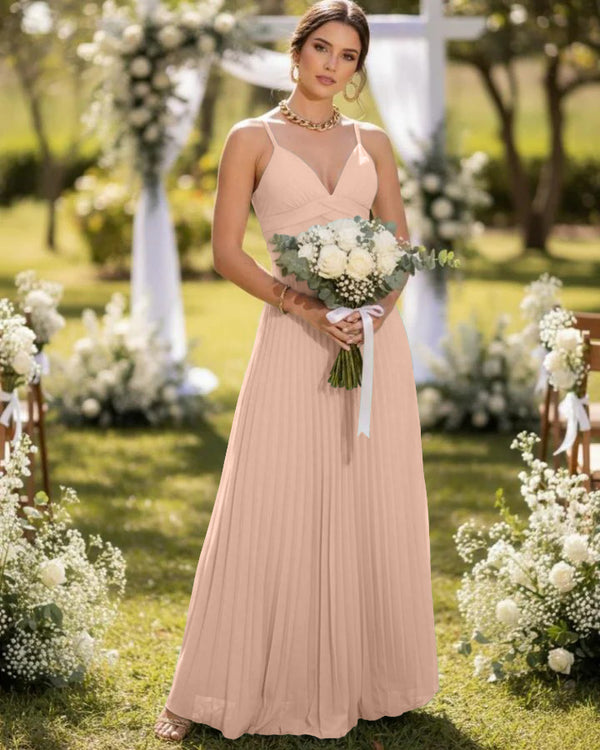 Spaghetti Straps Chiffon Pleated Maxi Bridesmaid Dresses