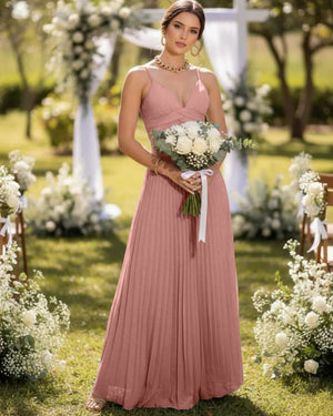Spaghetti Straps Chiffon Pleated Maxi Bridesmaid Dresses