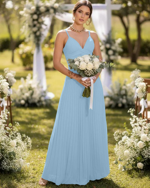 Spaghetti Straps Chiffon Pleated Maxi Bridesmaid Dresses