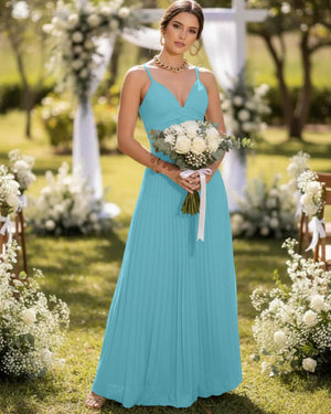 Spaghetti Straps Chiffon Pleated Maxi Bridesmaid Dresses