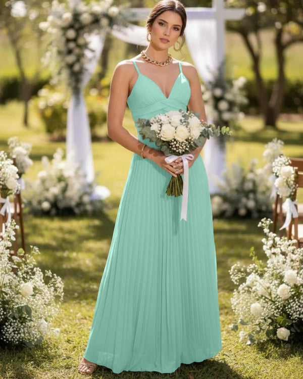 Spaghetti Straps Chiffon Pleated Maxi Bridesmaid Dresses