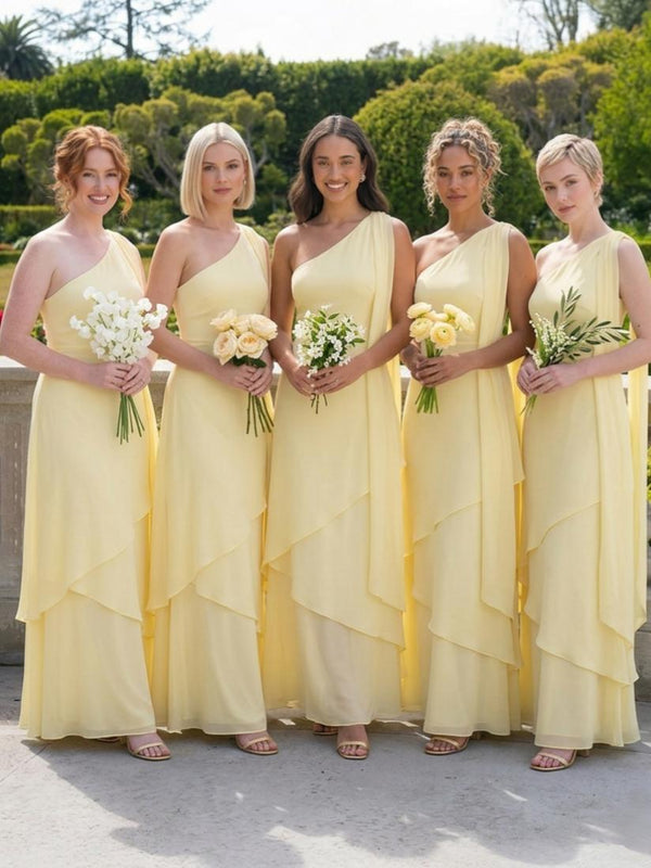 One Shoulder Chiffon Pleated Long Bridesmaid Dresses