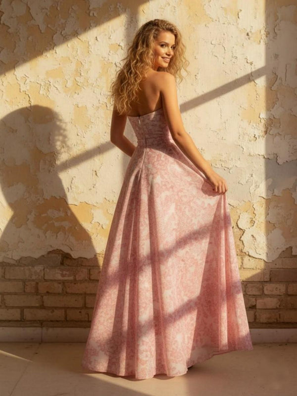 Strapless Floral Chiffon Pleated Bridesmaid Dresses