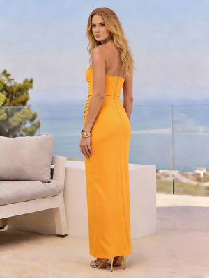 Strapless Pleated Satin Bridesmaid Dresses with Slit