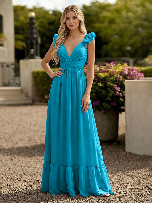 V Neck Backless Bridesmaid Dresses with Ruffles Chiffon
