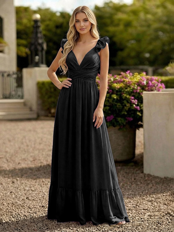 V Neck Backless Bridesmaid Dresses with Ruffles Chiffon