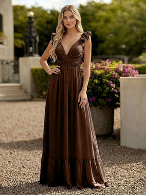 V Neck Backless Bridesmaid Dresses with Ruffles Chiffon