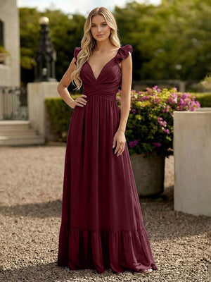 V Neck Backless Bridesmaid Dresses with Ruffles Chiffon