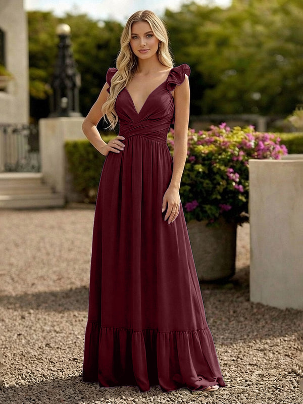 V Neck Backless Bridesmaid Dresses with Ruffles Chiffon