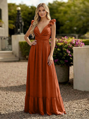 V Neck Backless Bridesmaid Dresses with Ruffles Chiffon