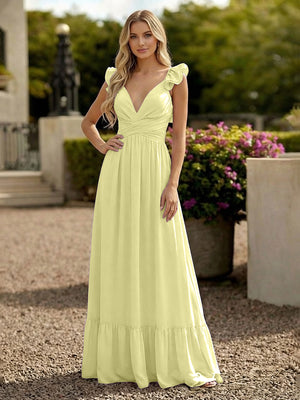 V Neck Backless Bridesmaid Dresses with Ruffles Chiffon