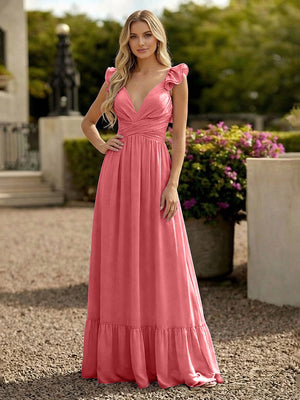 V Neck Backless Bridesmaid Dresses with Ruffles Chiffon