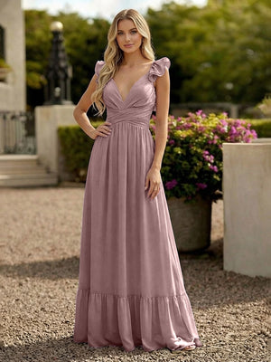 V Neck Backless Bridesmaid Dresses with Ruffles Chiffon
