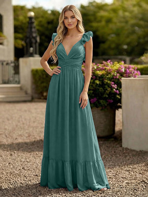 V Neck Backless Bridesmaid Dresses with Ruffles Chiffon