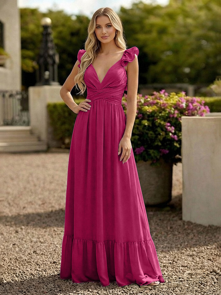 V Neck Backless Bridesmaid Dresses with Ruffles Chiffon