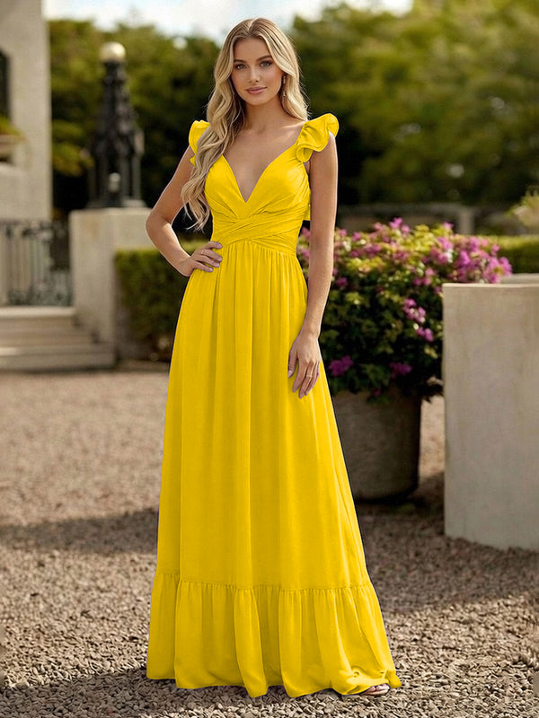 V Neck Backless Bridesmaid Dresses with Ruffles Chiffon