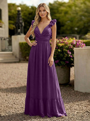 V Neck Backless Bridesmaid Dresses with Ruffles Chiffon