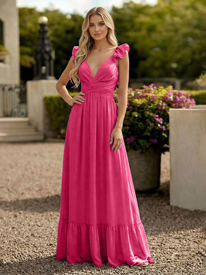 V Neck Backless Bridesmaid Dresses with Ruffles Chiffon