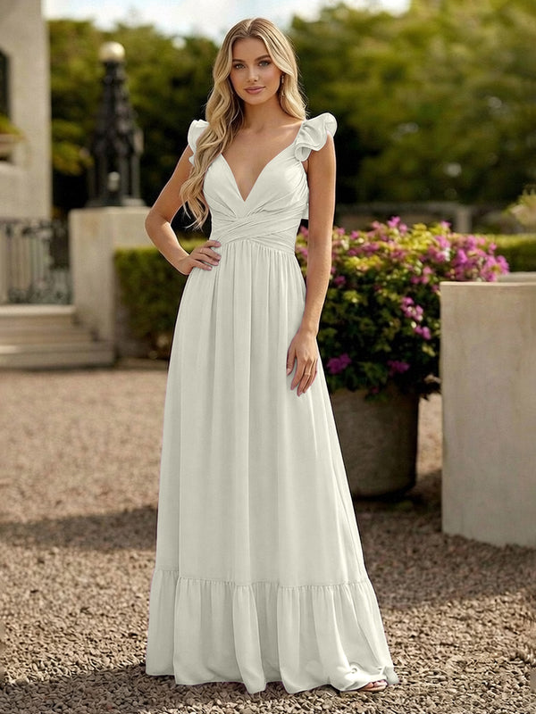 V Neck Backless Bridesmaid Dresses with Ruffles Chiffon