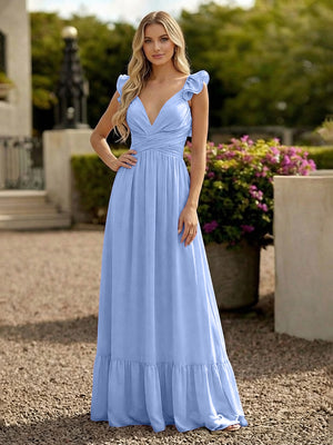 V Neck Backless Bridesmaid Dresses with Ruffles Chiffon