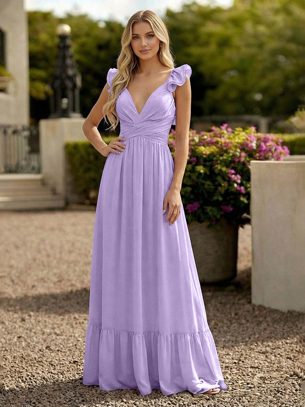 V Neck Backless Bridesmaid Dresses with Ruffles Chiffon