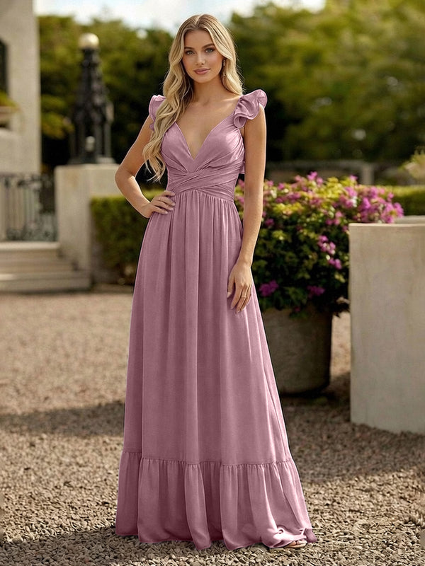 V Neck Backless Bridesmaid Dresses with Ruffles Chiffon