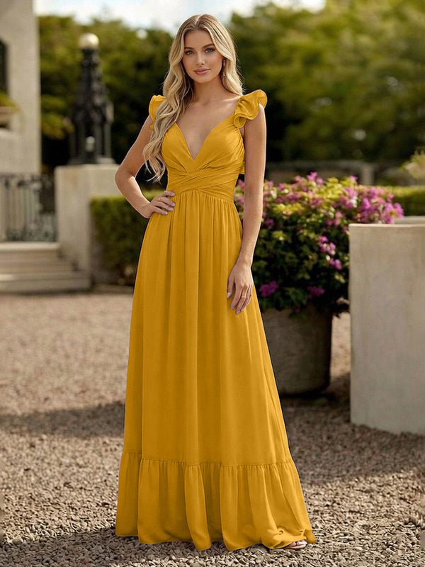 V Neck Backless Bridesmaid Dresses with Ruffles Chiffon