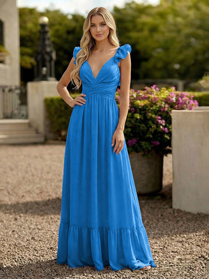 V Neck Backless Bridesmaid Dresses with Ruffles Chiffon