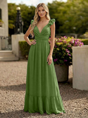 V Neck Backless Bridesmaid Dresses with Ruffles Chiffon