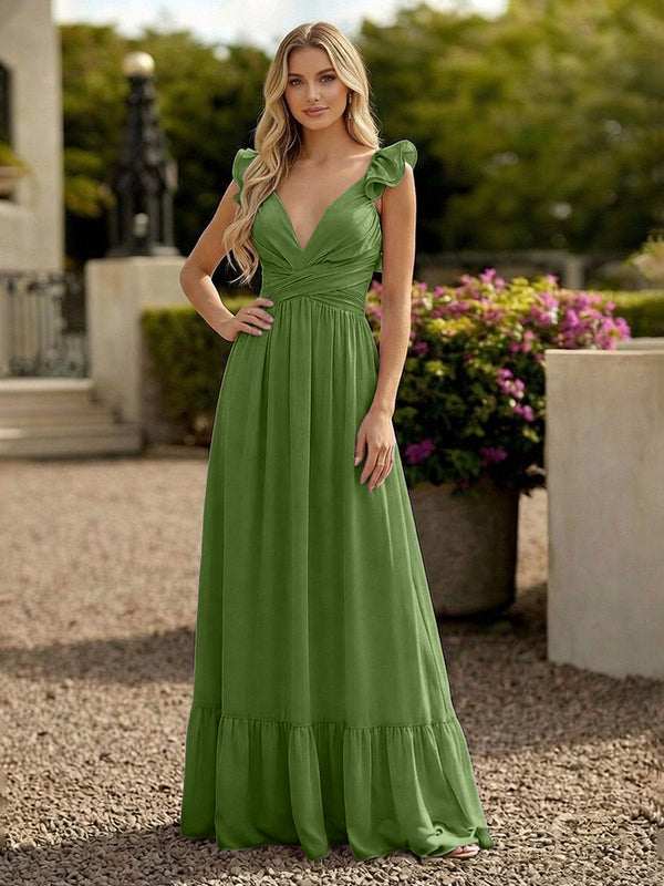 V Neck Backless Bridesmaid Dresses with Ruffles Chiffon