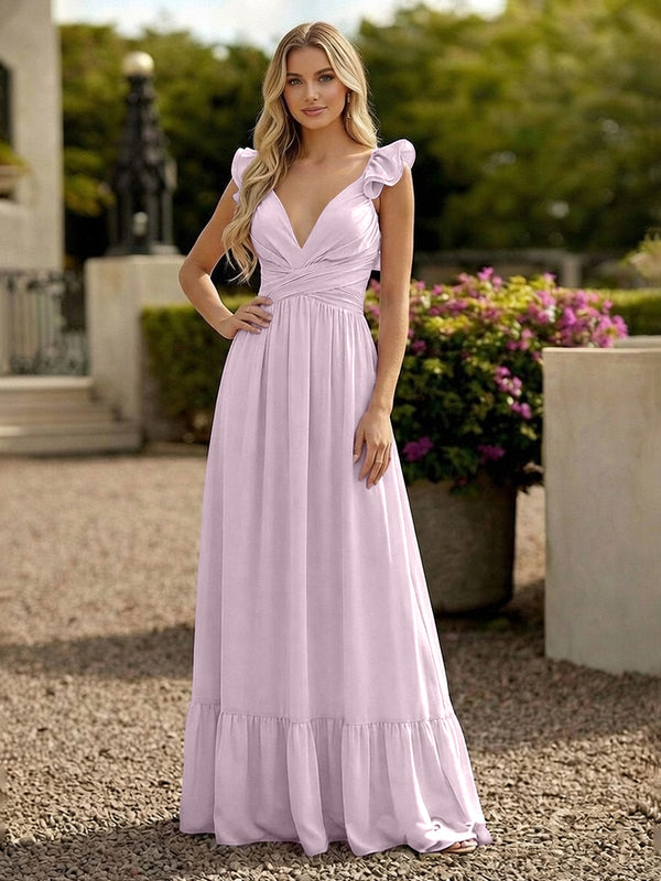 V Neck Backless Bridesmaid Dresses with Ruffles Chiffon