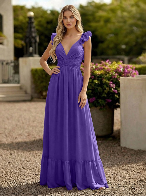 V Neck Backless Bridesmaid Dresses with Ruffles Chiffon