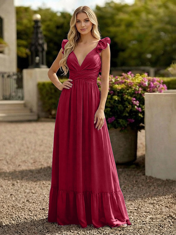 V Neck Backless Bridesmaid Dresses with Ruffles Chiffon