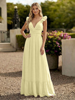 V Neck Backless Bridesmaid Dresses with Ruffles Chiffon